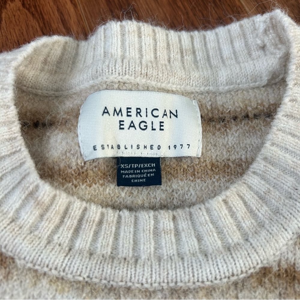 American Eagle Outfitters Cream and Brown Striped Fair Isle Crewneck Sweater XS - Picture 4 of 7